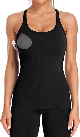 Women's Ribbed Fitted Backless Round Neck Sports Vest with Built-in Bra