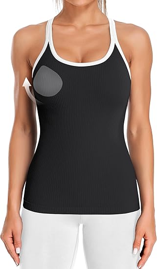 Women's Ribbed Fitted Backless Round Neck Sports Vest with Built-in Bra