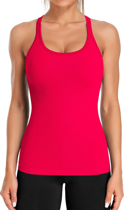 Women's Ribbed Fitted Backless Round Neck Sports Vest with Built-in Bra