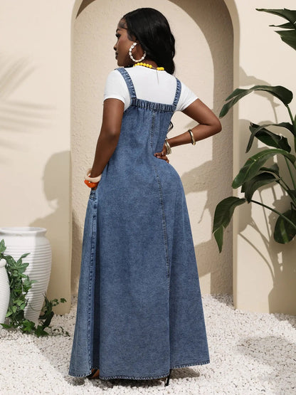 Women's Washed Denim Suspender Dress with Large Pockets