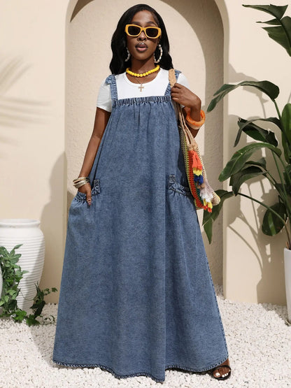 Women's Washed Denim Suspender Dress with Large Pockets