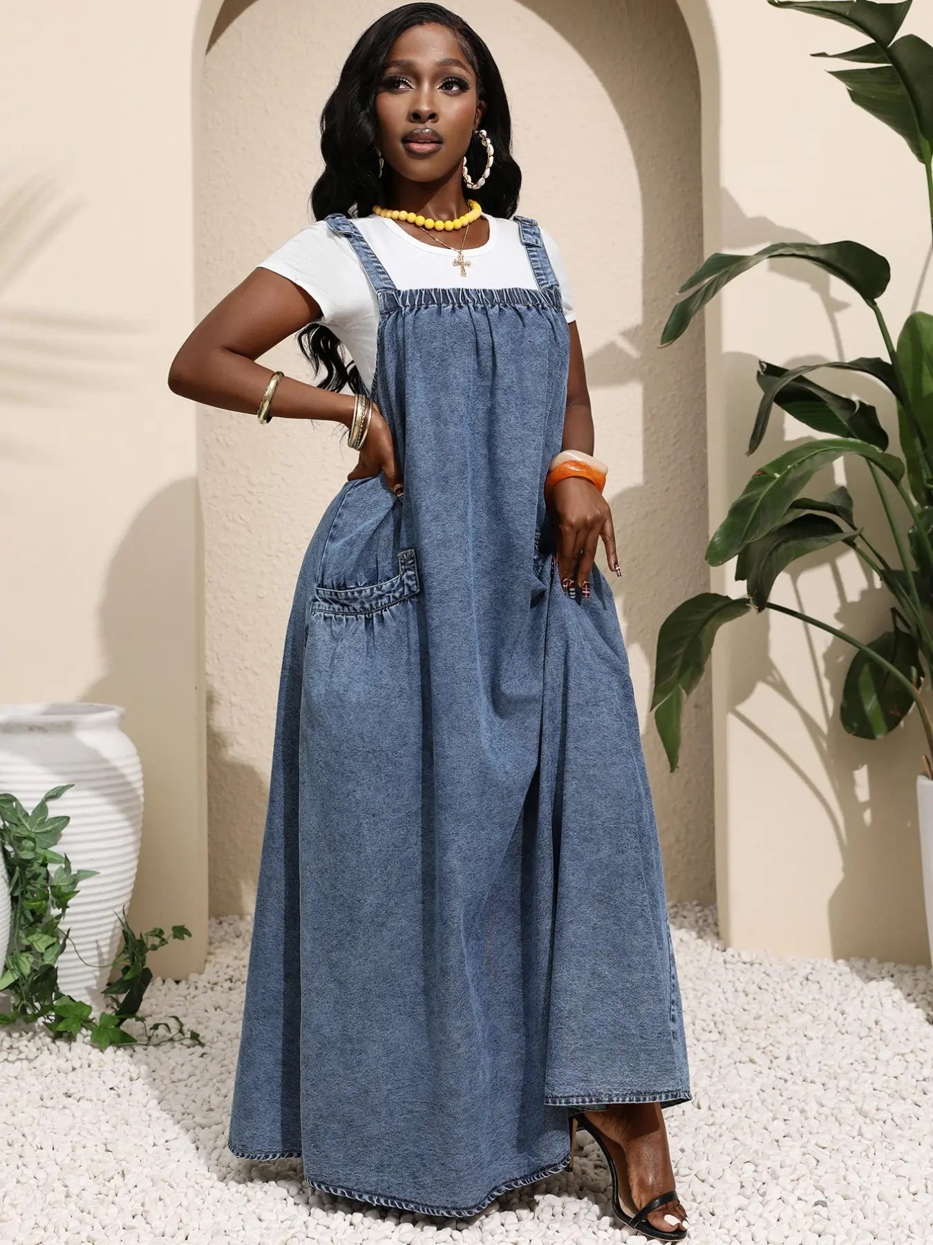 Women's Washed Denim Suspender Dress with Large Pockets