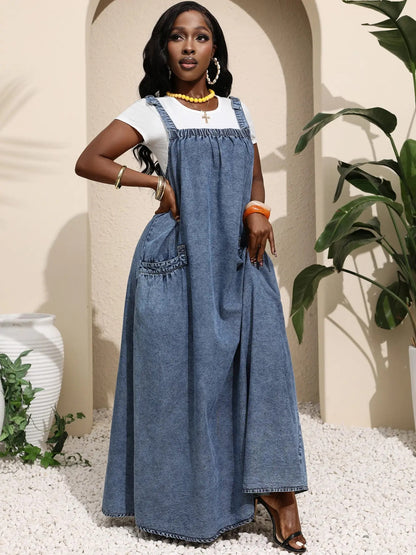 Women's Washed Denim Suspender Dress with Large Pockets