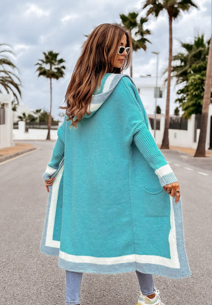 Women's color-blocked hooded long pocket knit cardigan