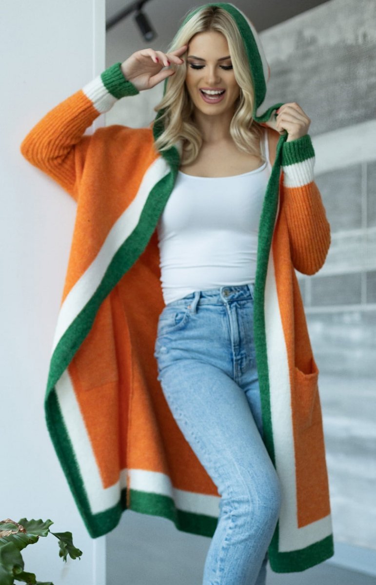 Women's color-blocked hooded long pocket knit cardigan