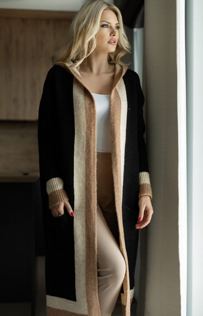 Women's color-blocked hooded long pocket knit cardigan