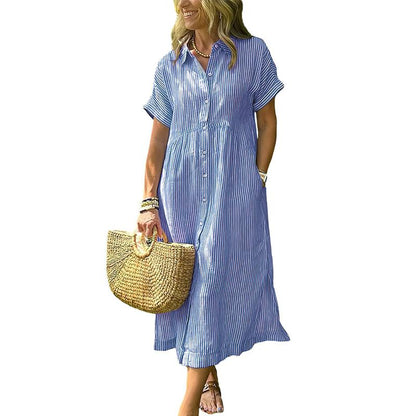 Limited time sale🔥Women's Loose Midi Striped Shirt Dress Bohemian Side Slit Dress with Pockets