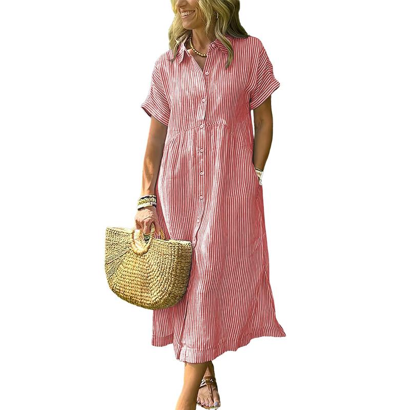 Limited time sale🔥Women's Loose Midi Striped Shirt Dress Bohemian Side Slit Dress with Pockets