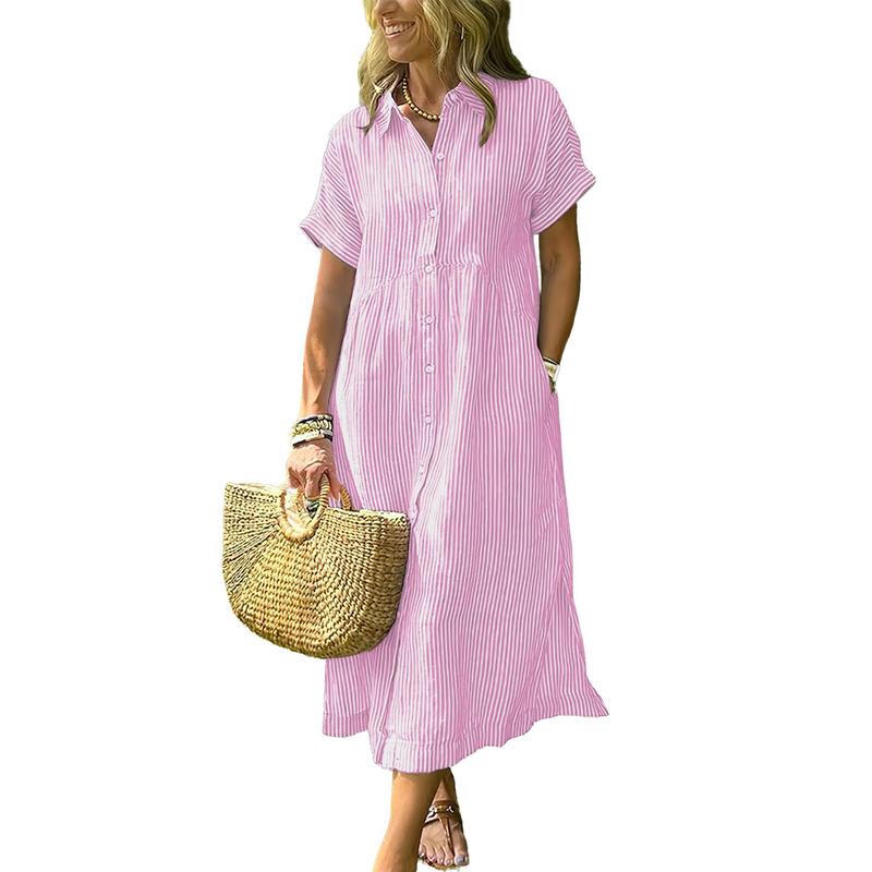 Limited time sale🔥Women's Loose Midi Striped Shirt Dress Bohemian Side Slit Dress with Pockets