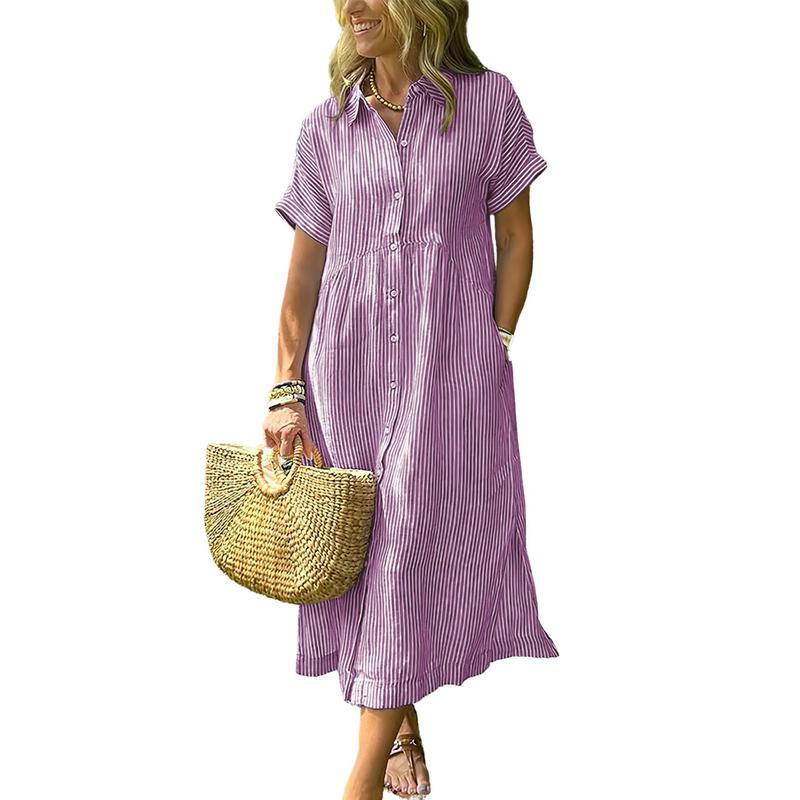 Limited time sale🔥Women's Loose Midi Striped Shirt Dress Bohemian Side Slit Dress with Pockets