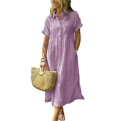 Limited time sale🔥Women's Loose Midi Striped Shirt Dress Bohemian Side Slit Dress with Pockets
