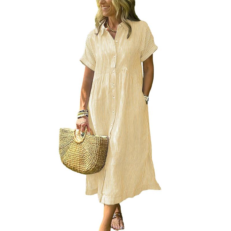 Limited time sale🔥Women's Loose Midi Striped Shirt Dress Bohemian Side Slit Dress with Pockets