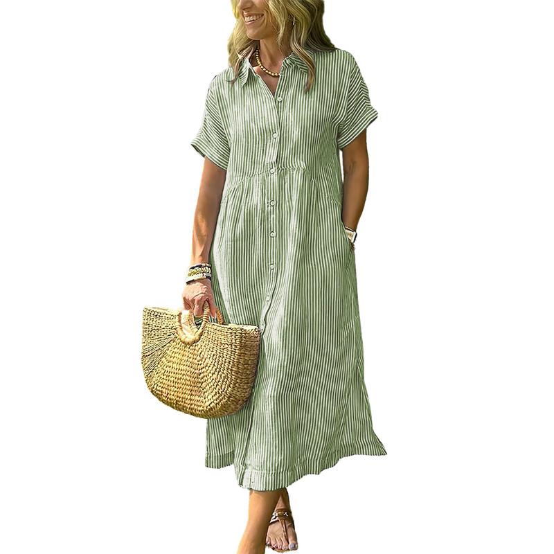 Limited time sale🔥Women's Loose Midi Striped Shirt Dress Bohemian Side Slit Dress with Pockets