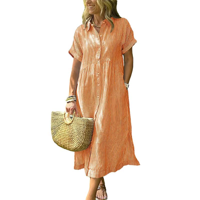 Limited time sale🔥Women's Loose Midi Striped Shirt Dress Bohemian Side Slit Dress with Pockets