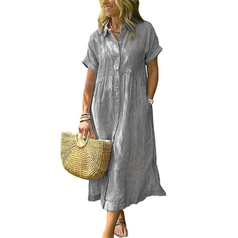 Limited time sale🔥Women's Loose Midi Striped Shirt Dress Bohemian Side Slit Dress with Pockets