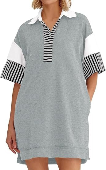 Women's Polo V Neck T Shirt Dress Casual Summer Oversized Color Block Short Sleeve Sweatshirt Mini Dresses