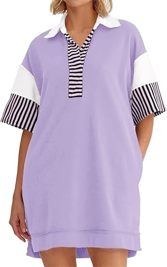Women's Polo V Neck T Shirt Dress Casual Summer Oversized Color Block Short Sleeve Sweatshirt Mini Dresses