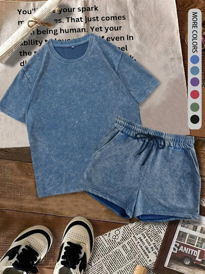Women's Solid-Color Denim-Print T-Shirt and Shorts Two-Piece Set