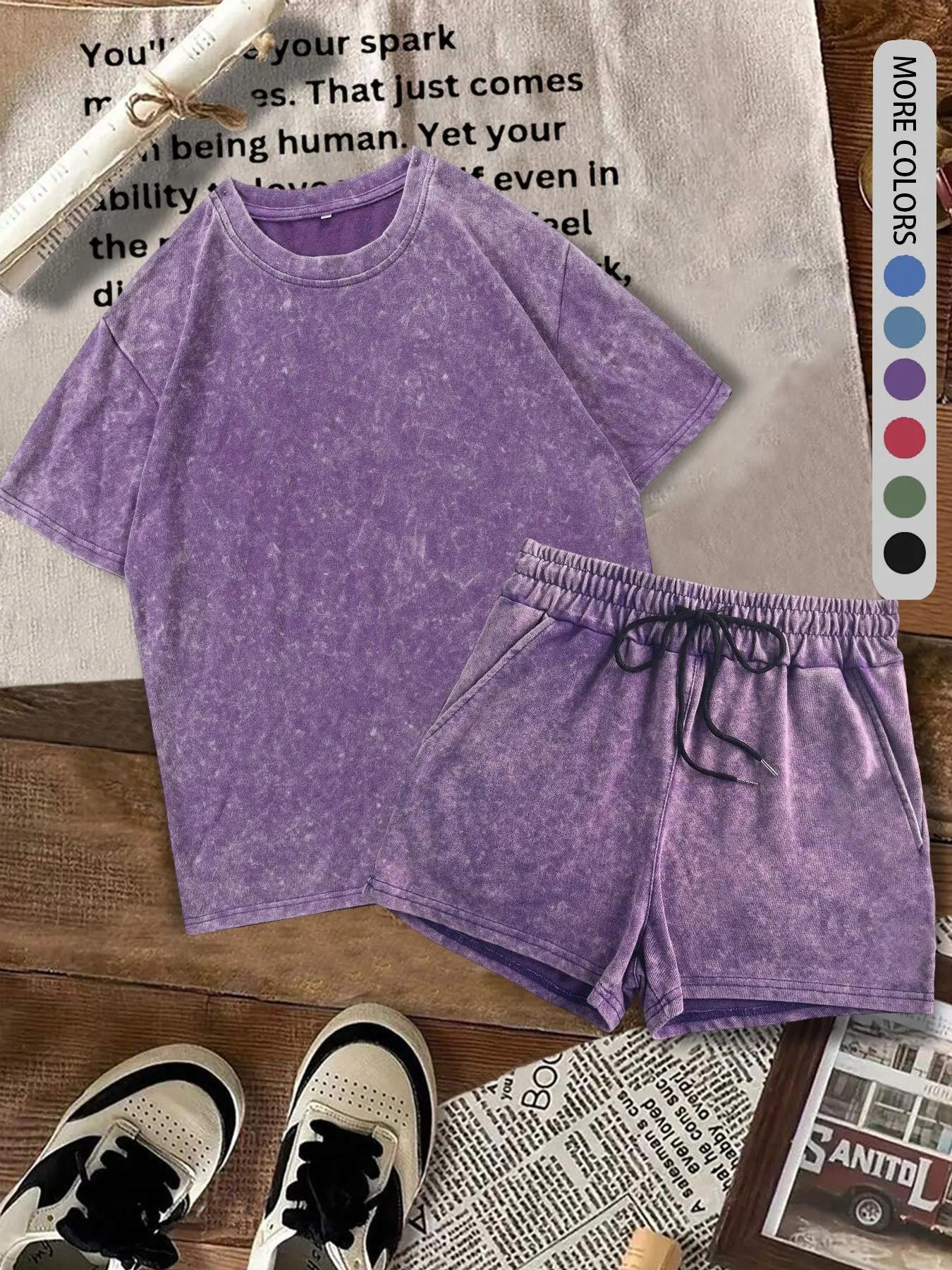 Women's Solid-Color Denim-Print T-Shirt and Shorts Two-Piece Set