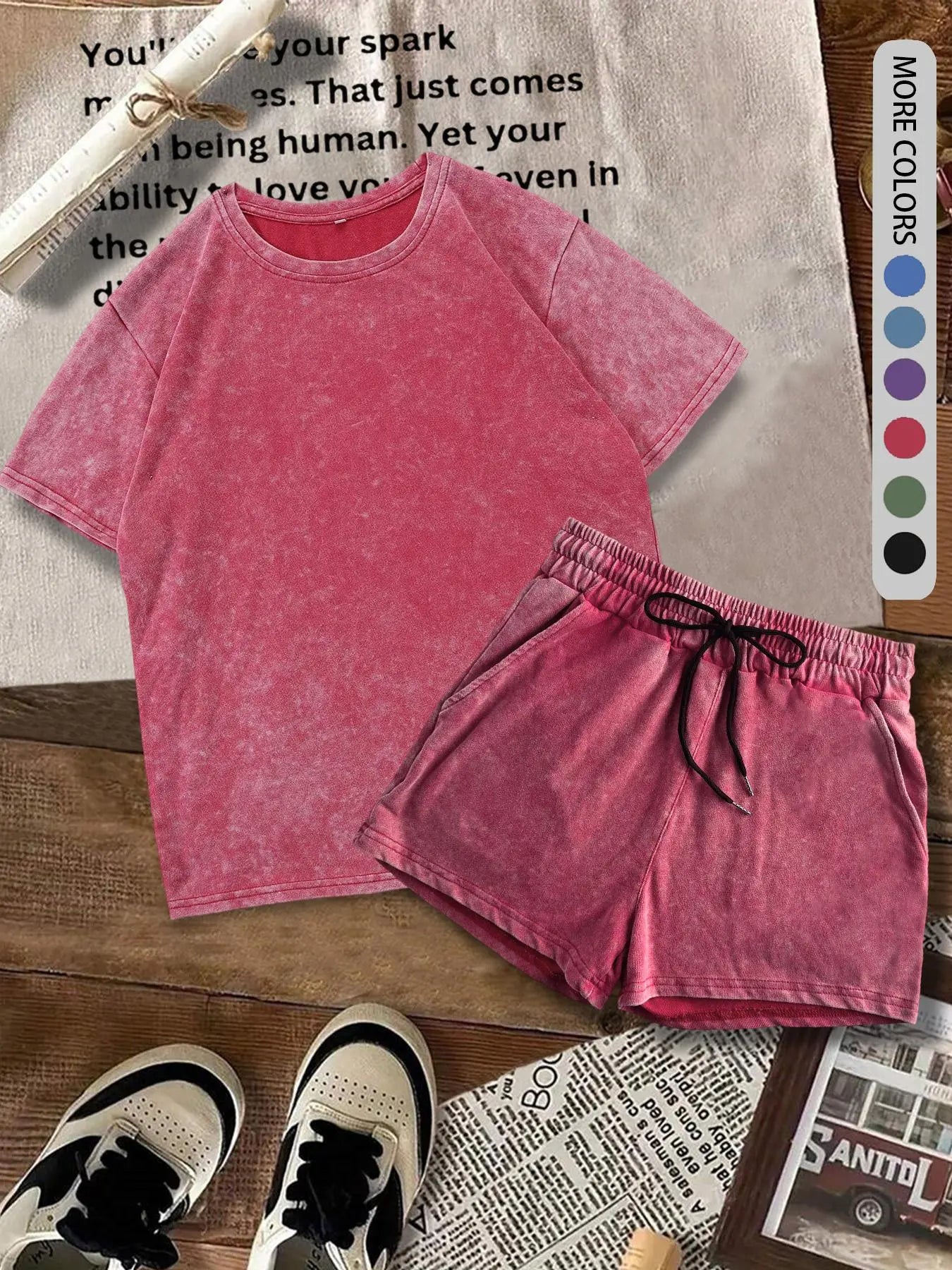 Women's Solid-Color Denim-Print T-Shirt and Shorts Two-Piece Set