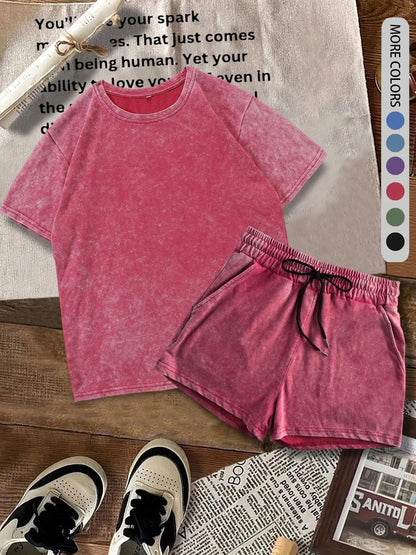 Women's Solid-Color Denim-Print T-Shirt and Shorts Two-Piece Set