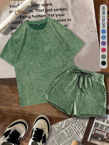 Women's Solid-Color Denim-Print T-Shirt and Shorts Two-Piece Set