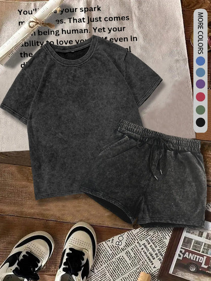 Women's Solid-Color Denim-Print T-Shirt and Shorts Two-Piece Set