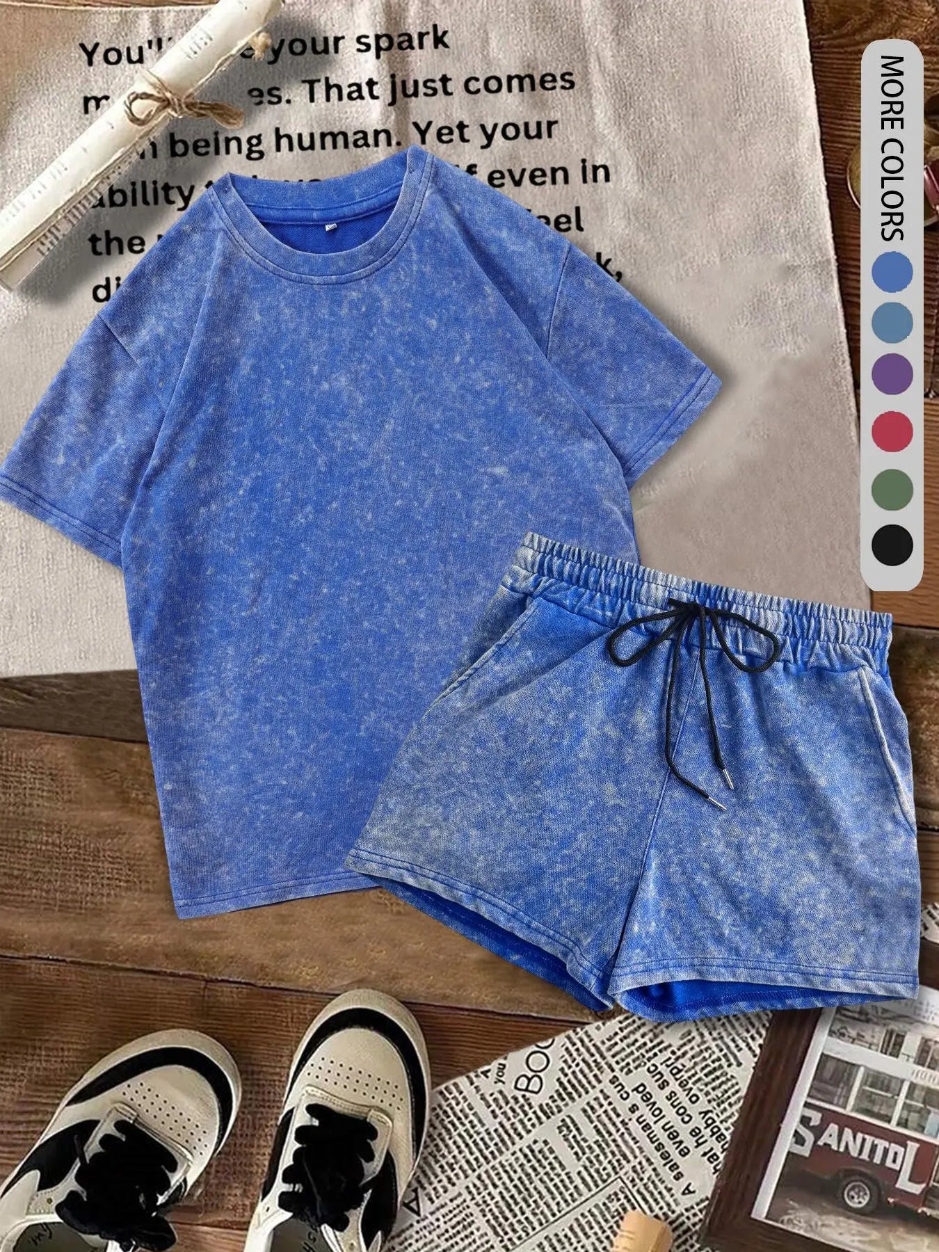 Women's Solid-Color Denim-Print T-Shirt and Shorts Two-Piece Set