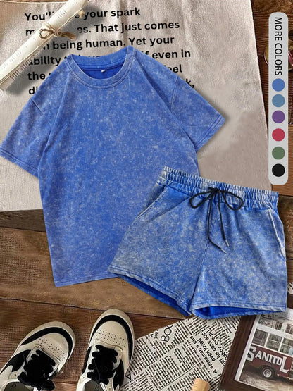 Women's Solid-Color Denim-Print T-Shirt and Shorts Two-Piece Set