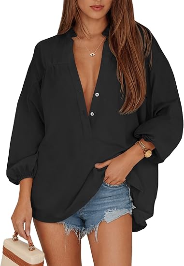 Women's V Neck Button Down Shirts 3/4 Length Sleeve Blouses