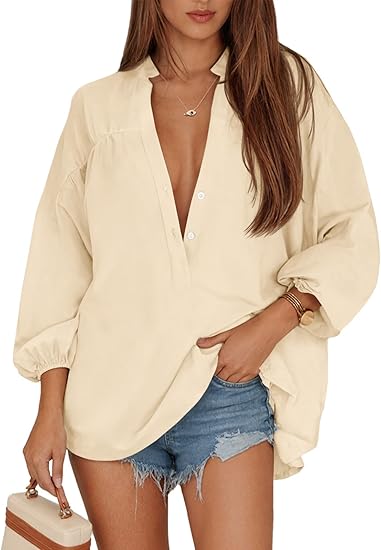 Women's V Neck Button Down Shirts 3/4 Length Sleeve Blouses