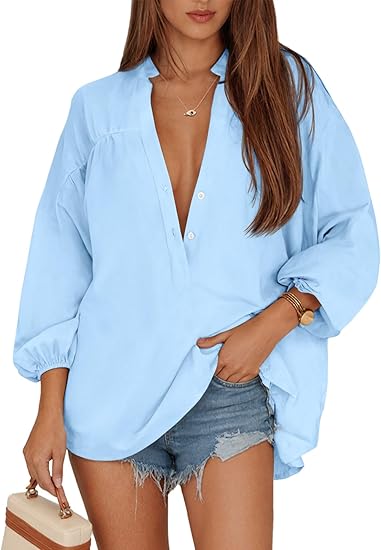 Women's V Neck Button Down Shirts 3/4 Length Sleeve Blouses