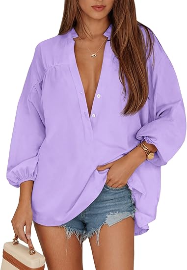 Women's V Neck Button Down Shirts 3/4 Length Sleeve Blouses