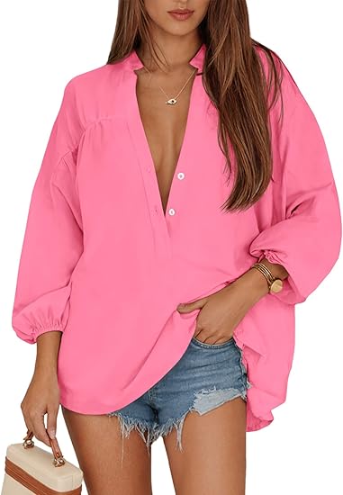 Women's V Neck Button Down Shirts 3/4 Length Sleeve Blouses