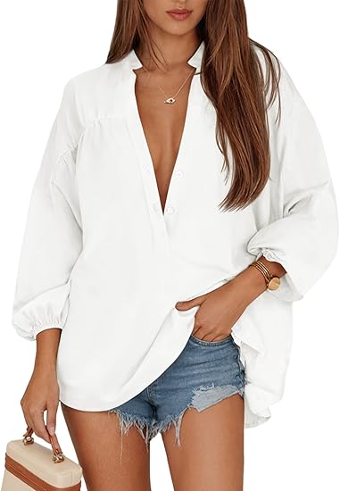 Women's V Neck Button Down Shirts 3/4 Length Sleeve Blouses