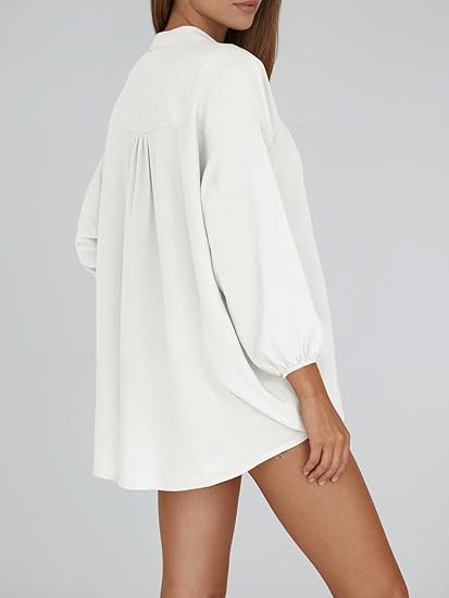Women's V Neck Button Down Shirts 3/4 Length Sleeve Blouses