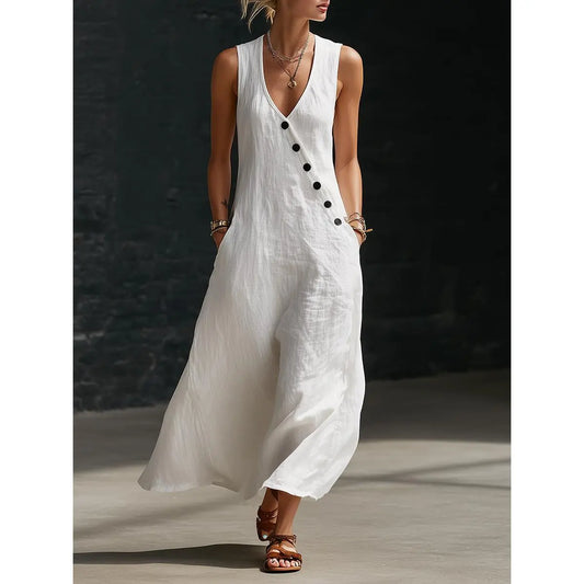 Women's Sleeveless V-Neck Button-Front Linen Dress
