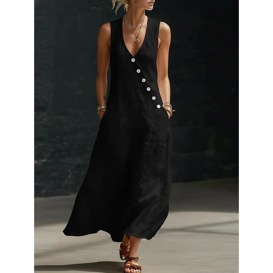 Women's Sleeveless V-Neck Button-Front Linen Dress