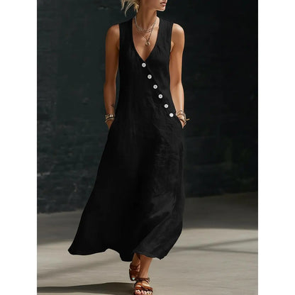 Women's Sleeveless V-Neck Button-Front Linen Dress
