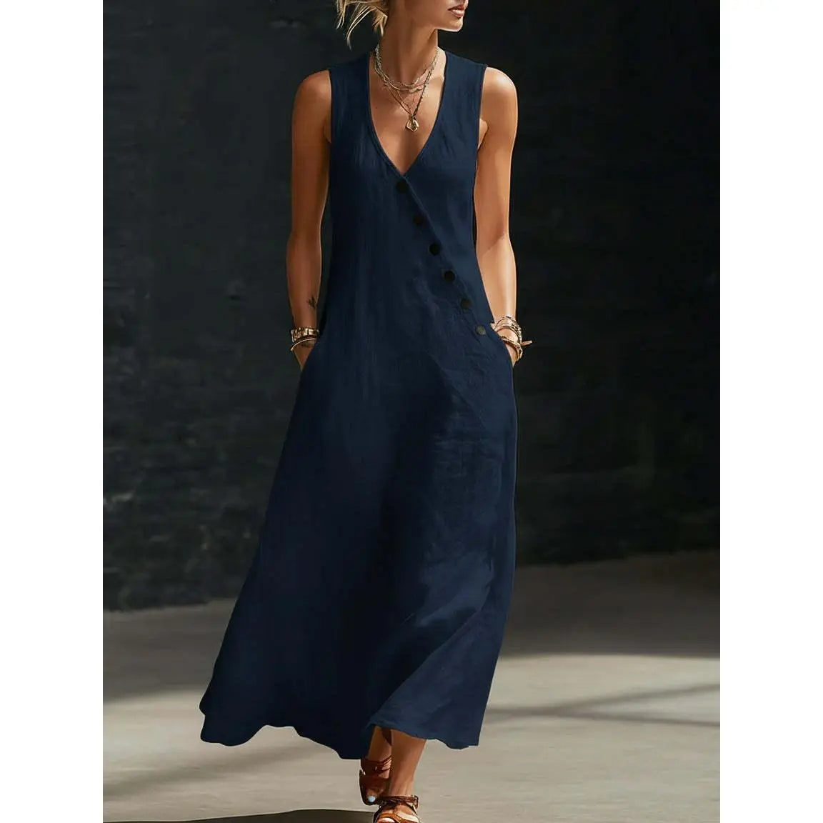 Women's Sleeveless V-Neck Button-Front Linen Dress