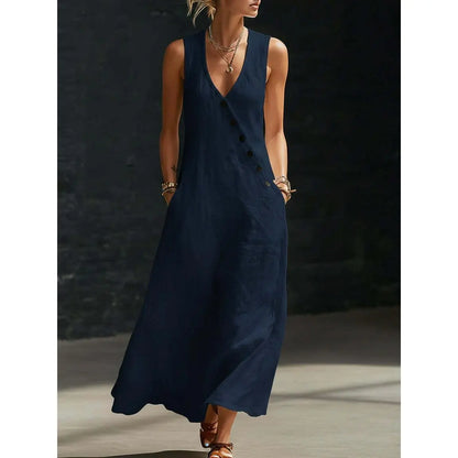 Women's Sleeveless V-Neck Button-Front Linen Dress