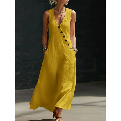 Women's Sleeveless V-Neck Button-Front Linen Dress