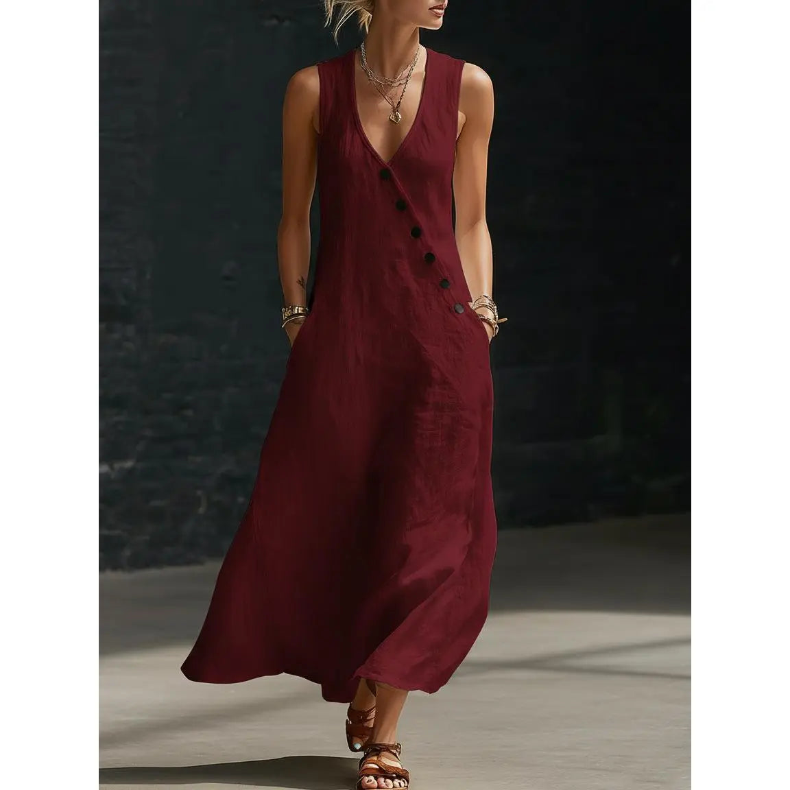 Women's Sleeveless V-Neck Button-Front Linen Dress