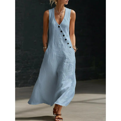 Women's Sleeveless V-Neck Button-Front Linen Dress