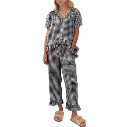 ✨Women Plaid 2 Piece Set Pajamas Outfits Short Sleeve Ruffle Shirt Pants Sets