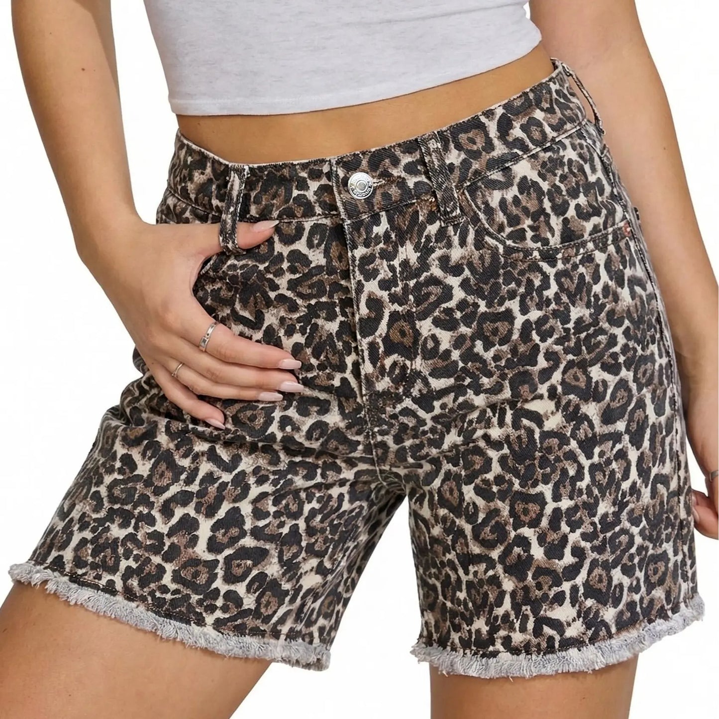 Women's High-Waisted Mid-Length Leopard Print Distressed Hem Stretch Denim Shorts