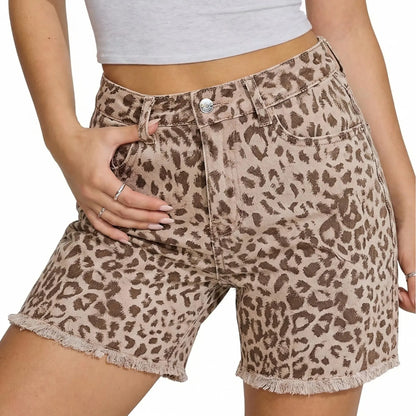 Women's High-Waisted Mid-Length Leopard Print Distressed Hem Stretch Denim Shorts