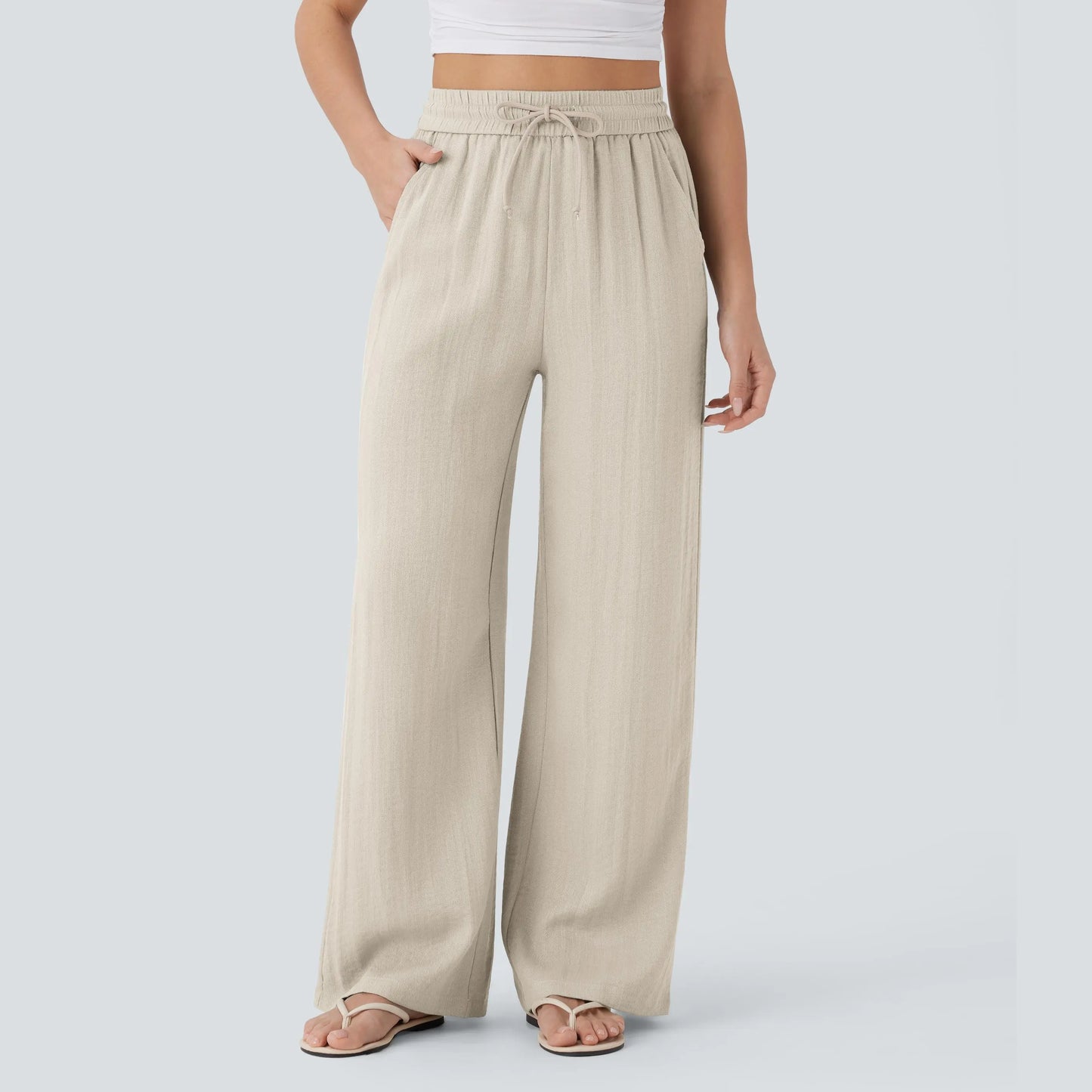 Women's High Waist Drawstring Pocket Wide-Leg Casual Linen-Like Pants