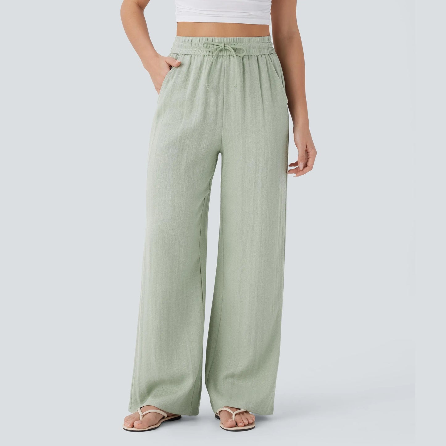 Women's High Waist Drawstring Pocket Wide-Leg Casual Linen-Like Pants