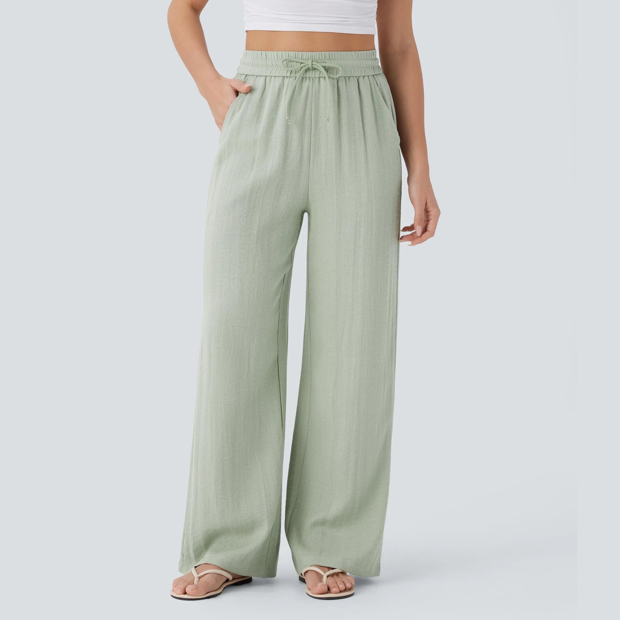 Women's High Waist Drawstring Pocket Wide-Leg Casual Linen-Like Pants
